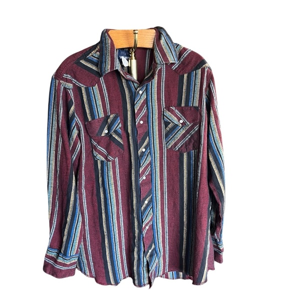 Wrangler Vintage Burgundy and Blue Striped Pearl Snap Button Down Shirt - Picture 1 of 11